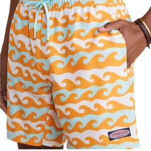 Vineyard Vines Chappy Swim Trunks Mens Large Orange Blue Wave 7” Inseam